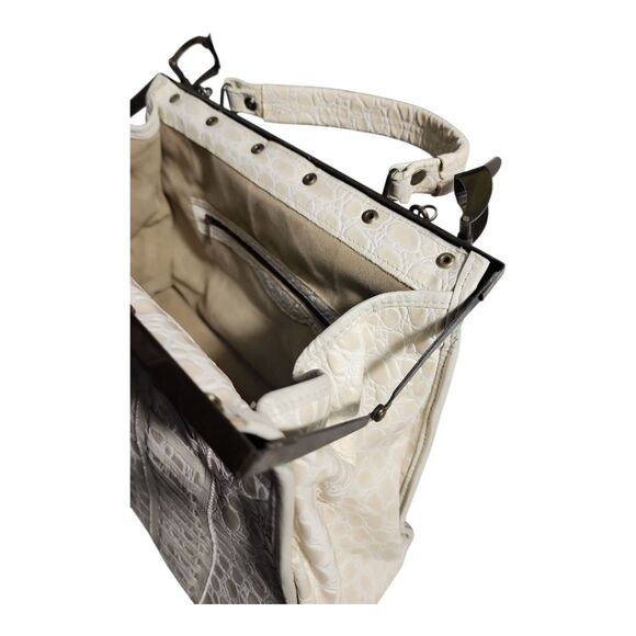 VINTAGE Croc Embossed Doctor Bag Satchel - Cream Beige Frame Handbag - Crossbody - Picture 13 of 14